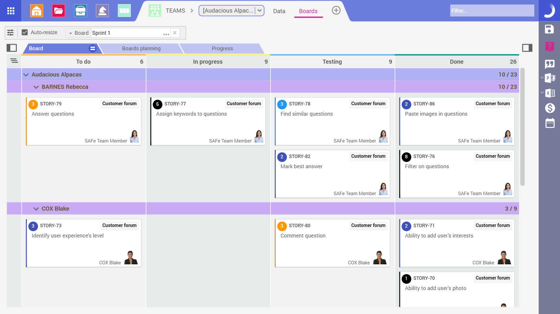 Screenshot Team Board in Planisware