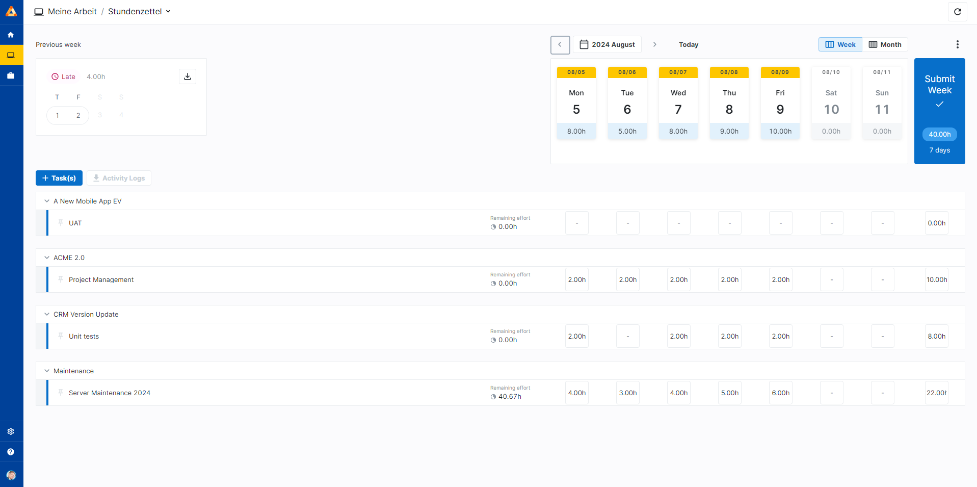 Screenshot zu Timesheets in Sciforma